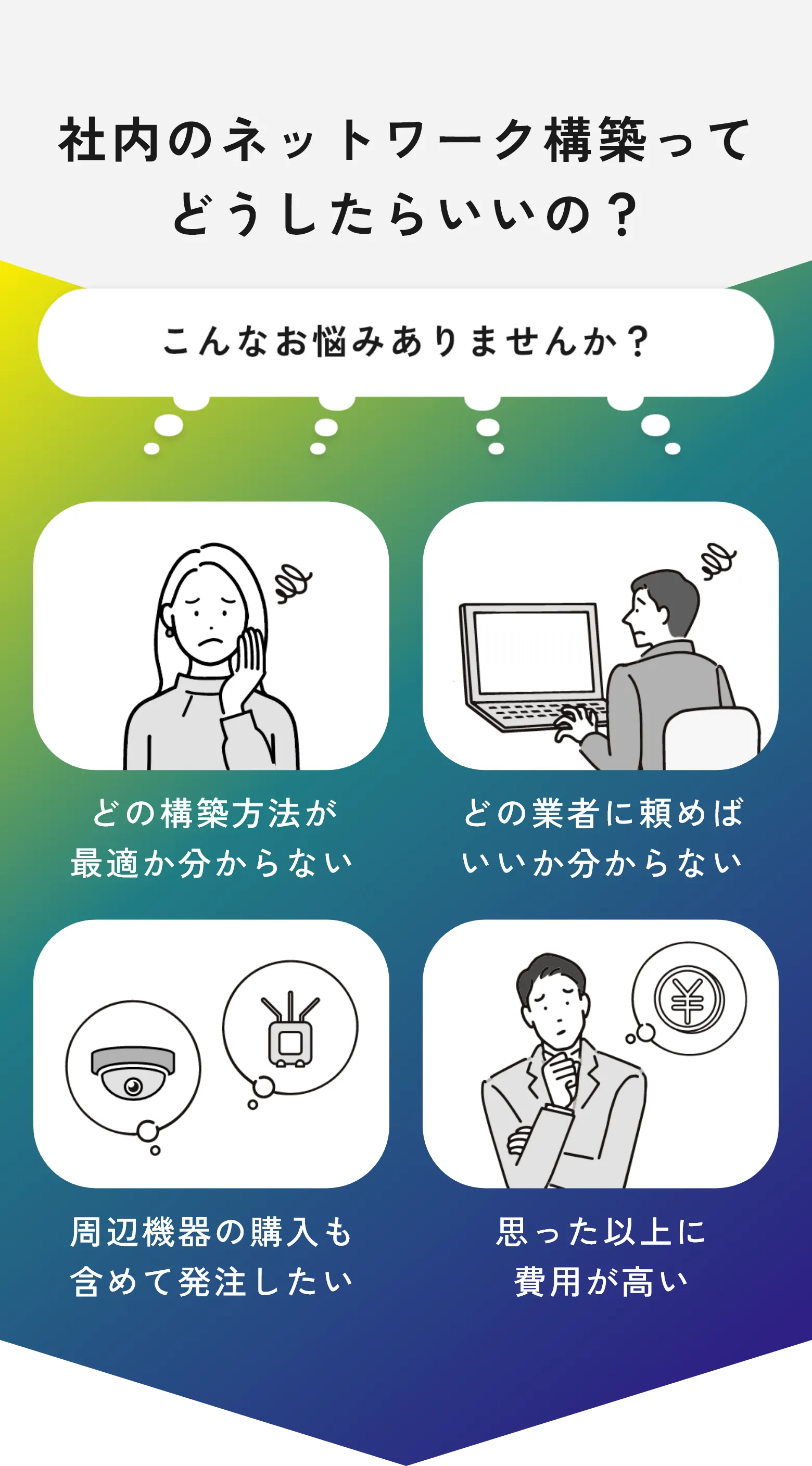 社内のネットワーク構築ってどうしたらいいの？こんなお悩みありませんか？どの構築方法が 最適か分からない。どの業者に頼めばいいか分からない。周辺機器の購入も 含めて発注したい。思った以上に 費用が高い。